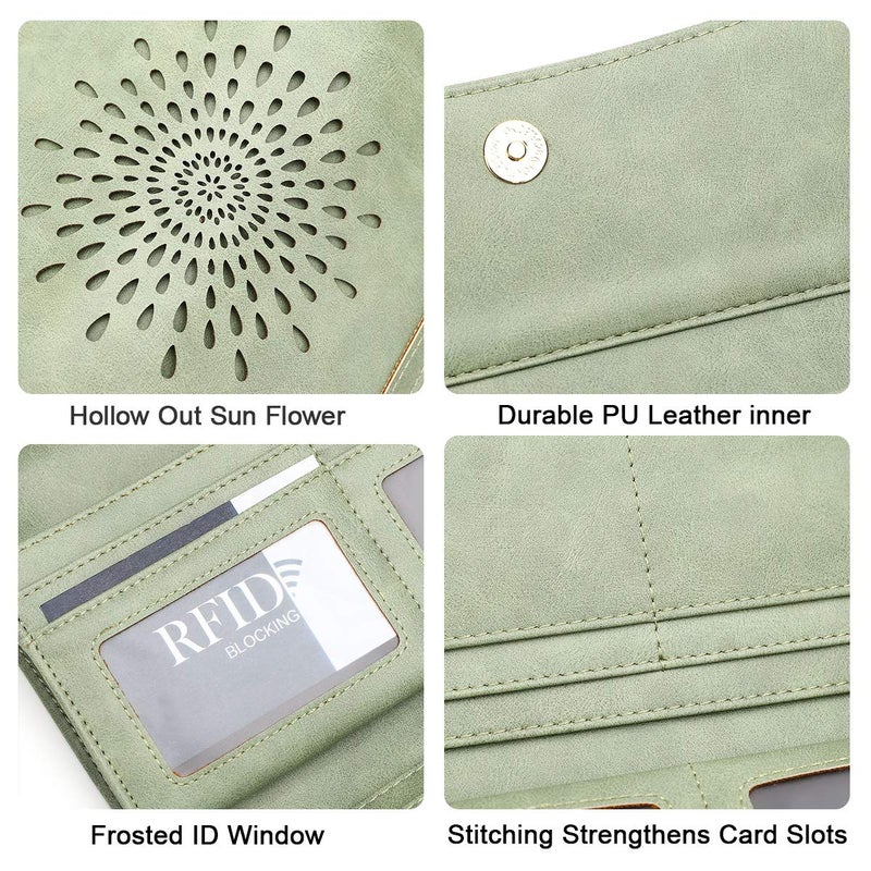 APHISON Womens Wallets RFID Blocking PU Leather Clutch Long Wallet for Women Card Holder Phone Organizer Ladies Travel Purse Hollow Out Sunflower Design Gift Box 2214GREEN - Image 5